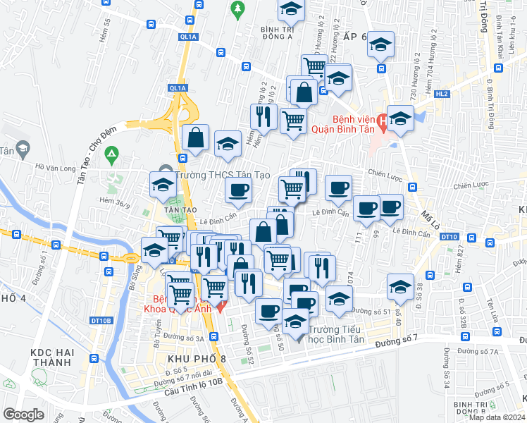 map of restaurants, bars, coffee shops, grocery stores, and more near 215a Lê Đình Cẩn in Bình Tân
