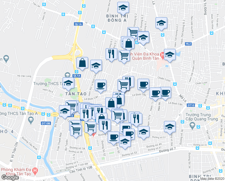 map of restaurants, bars, coffee shops, grocery stores, and more near 215a Lê Đình Cẩn in Bình Tân