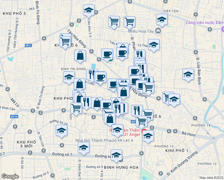 map of restaurants, bars, coffee shops, grocery stores, and more near Chiến Lược in Bình Tân