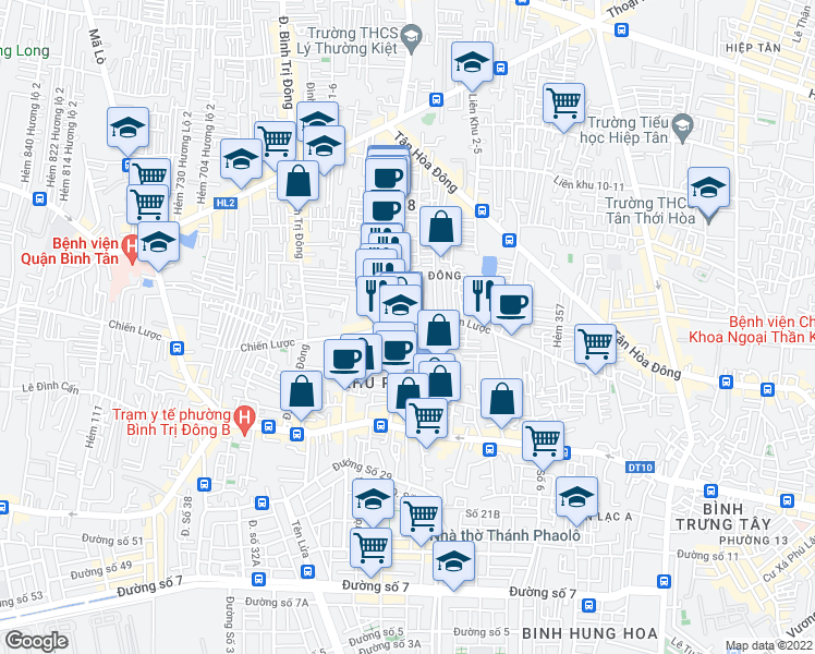 map of restaurants, bars, coffee shops, grocery stores, and more near Chiến Lược in Bình Tân