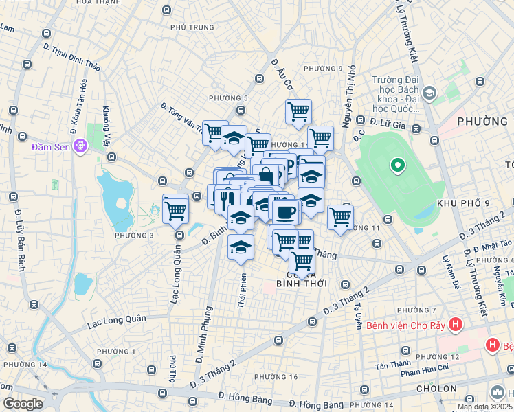 map of restaurants, bars, coffee shops, grocery stores, and more near Bình Thới in Quận 11