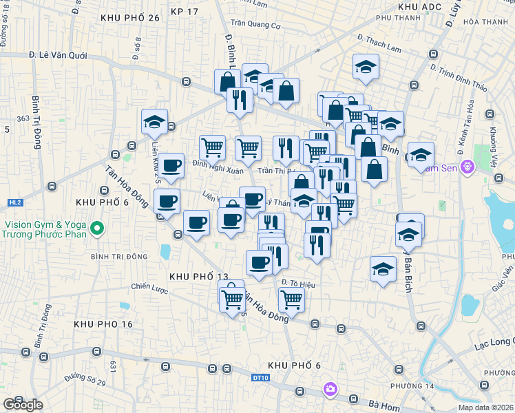 map of restaurants, bars, coffee shops, grocery stores, and more near 165 Phan Anh in Tân Phú