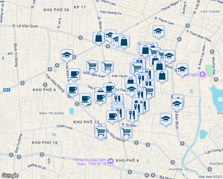 map of restaurants, bars, coffee shops, grocery stores, and more near 165 Phan Anh in Tân Phú