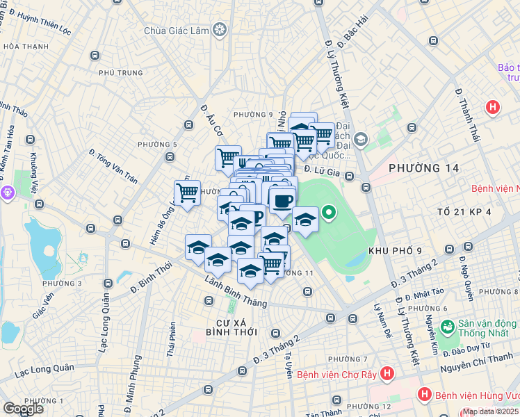 map of restaurants, bars, coffee shops, grocery stores, and more near Bình Thới in Quận 11