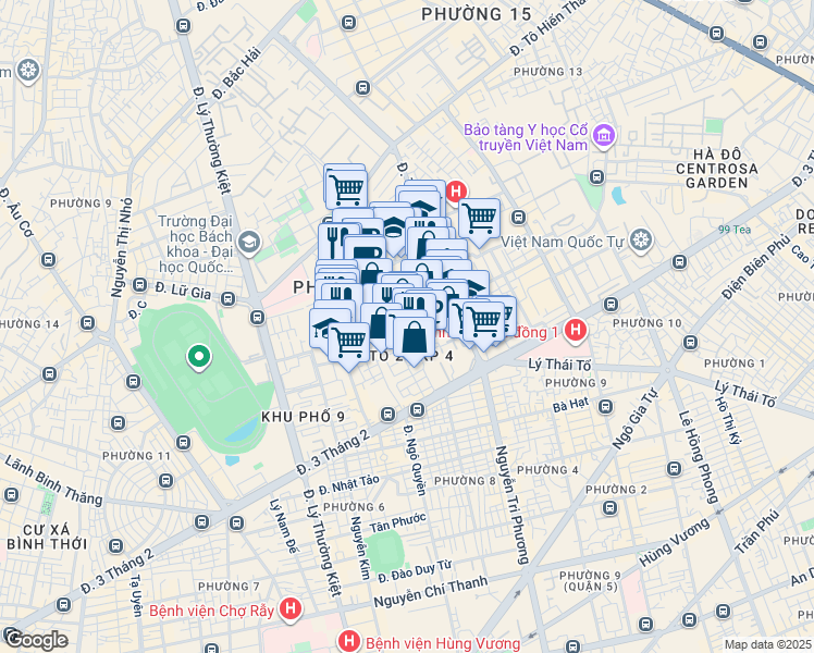 map of restaurants, bars, coffee shops, grocery stores, and more near Cư Xá Đồng Tiến in Quận 10