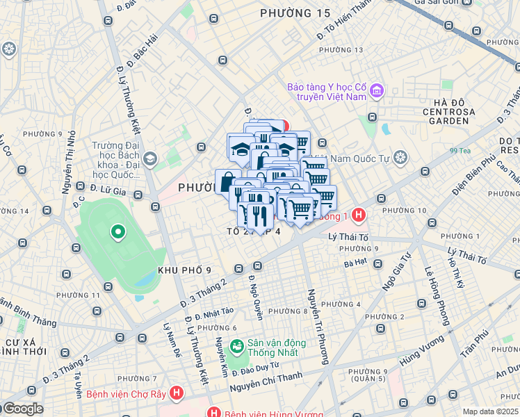 map of restaurants, bars, coffee shops, grocery stores, and more near Cư Xá Đồng Tiến in Quận 10