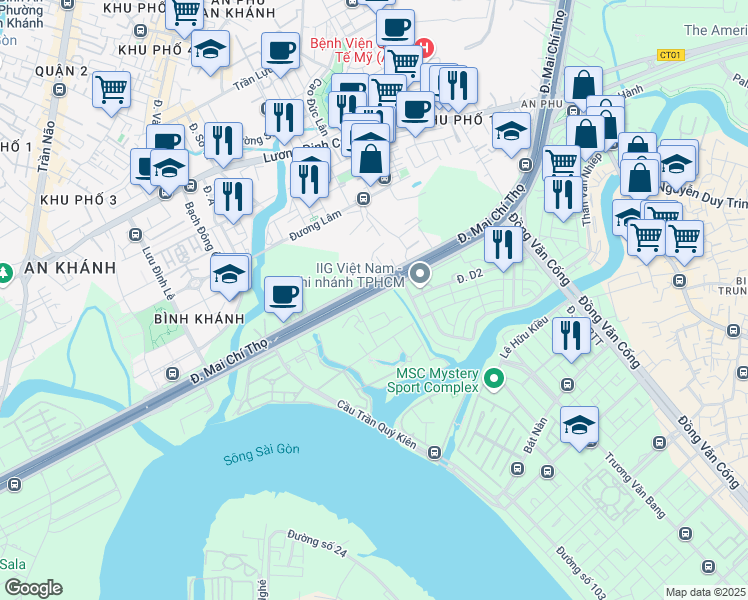 map of restaurants, bars, coffee shops, grocery stores, and more near 568 Đường Mai Chí Thọ in Quận 2