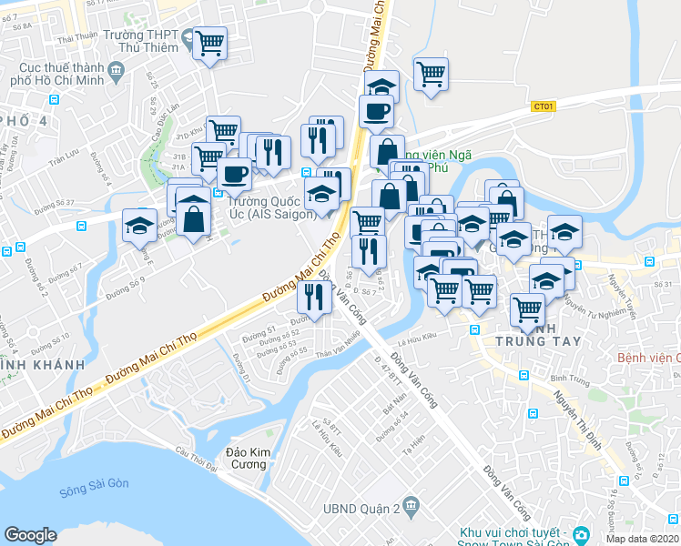 map of restaurants, bars, coffee shops, grocery stores, and more near 50 Đường Mai Chí Thọ in Quận 2