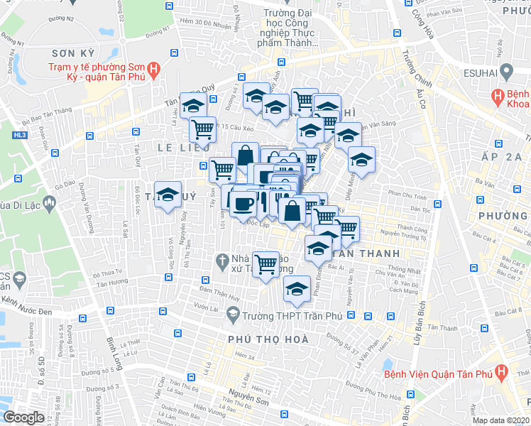 map of restaurants, bars, coffee shops, grocery stores, and more near So Do So 896 Độc Lập in Ho Chi Minh City