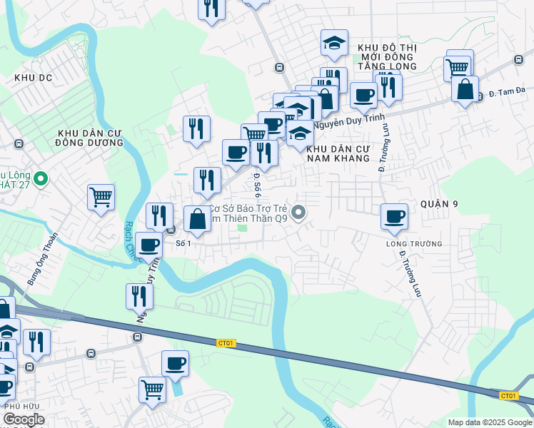 map of restaurants, bars, coffee shops, grocery stores, and more near Đường Số 6 in Quận 9