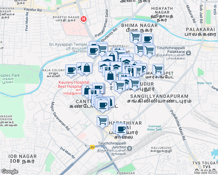 map of restaurants, bars, coffee shops, grocery stores, and more near 27 Alexandria Road in Tiruchirappalli