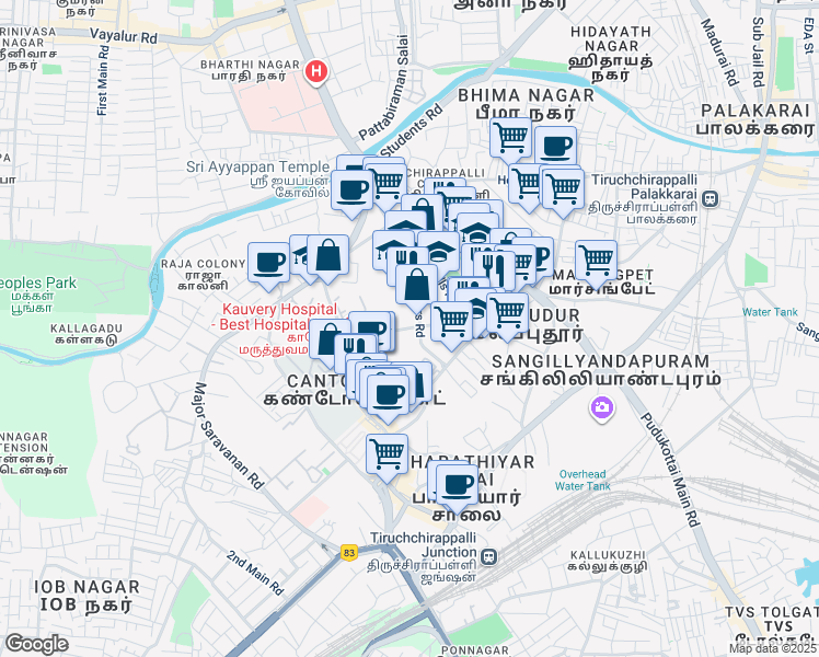 map of restaurants, bars, coffee shops, grocery stores, and more near 27 Alexandria Road in Tiruchirappalli