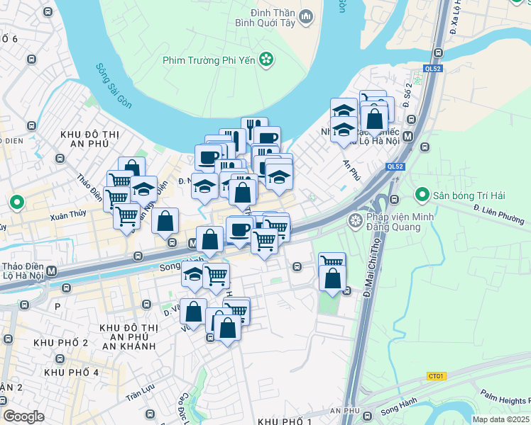 map of restaurants, bars, coffee shops, grocery stores, and more near Đường Số 10 in Thủ Đức