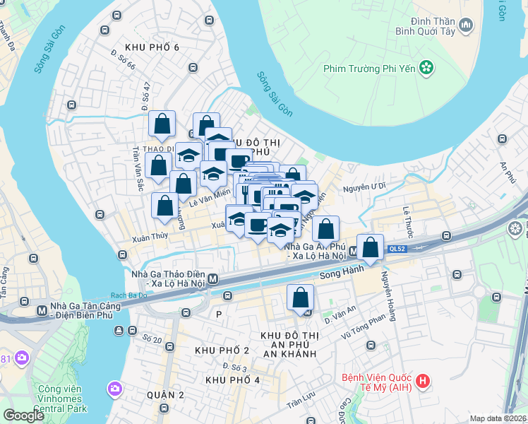 map of restaurants, bars, coffee shops, grocery stores, and more near 18 Thảo Điền in 2