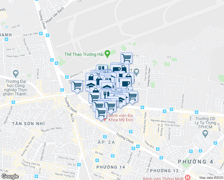 map of restaurants, bars, coffee shops, grocery stores, and more near Thân Nhân Trung in Tân Bình