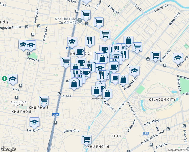 map of restaurants, bars, coffee shops, grocery stores, and more near Đường Số 4 in Bình Tân