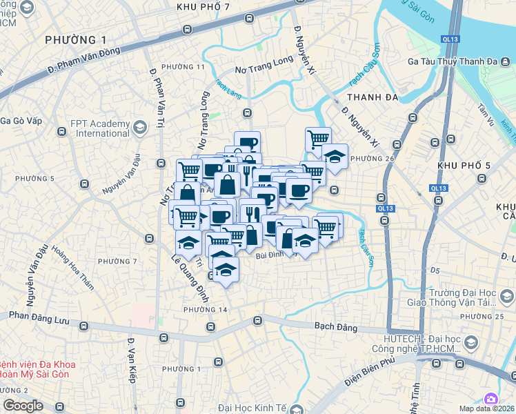 map of restaurants, bars, coffee shops, grocery stores, and more near Phan Chu Trinh in Ho Chi Minh City