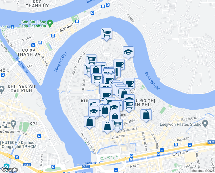 map of restaurants, bars, coffee shops, grocery stores, and more near Nguyễn Văn Hưởng in Ward, District 2