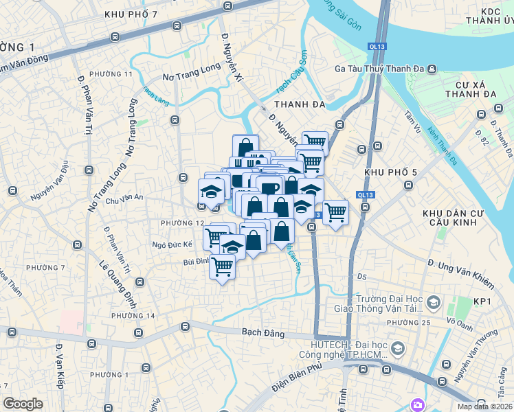 map of restaurants, bars, coffee shops, grocery stores, and more near Chu Văn An in Bình Thạnh
