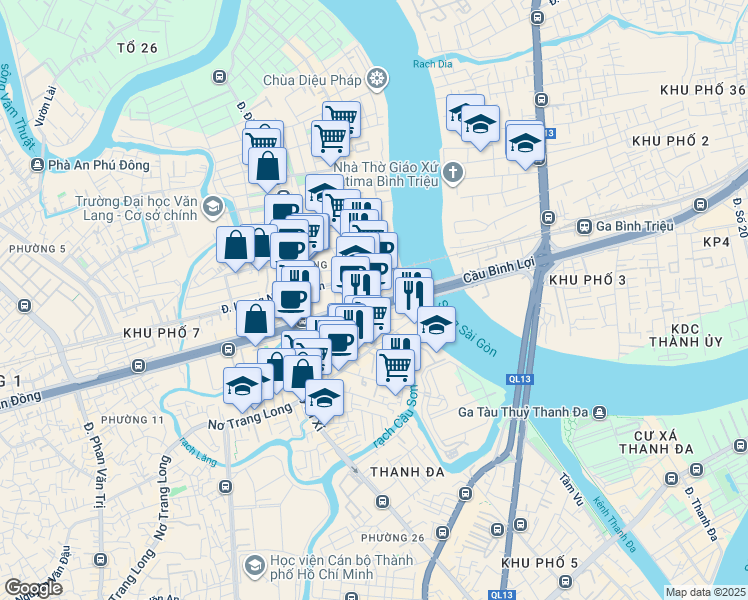 map of restaurants, bars, coffee shops, grocery stores, and more near 178 Nơ Trang Long in Binh Thanh District