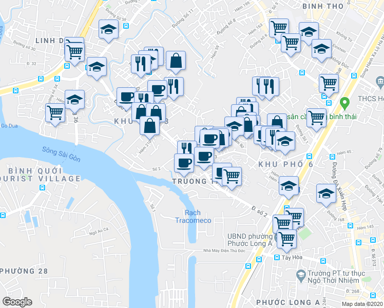 map of restaurants, bars, coffee shops, grocery stores, and more near Đường số 2 in Thủ Đức