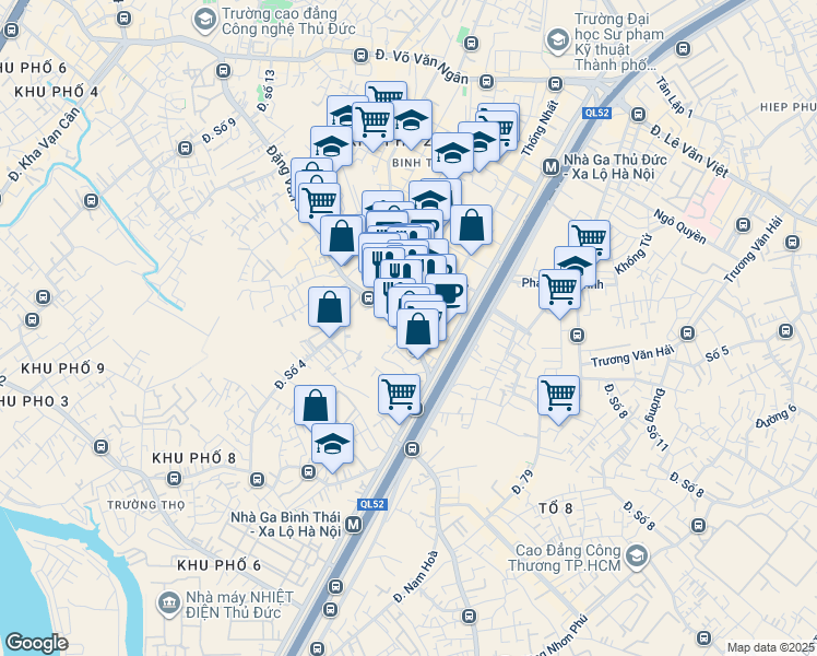 map of restaurants, bars, coffee shops, grocery stores, and more near 49 Đặng Văn Bi in Thu Duc District