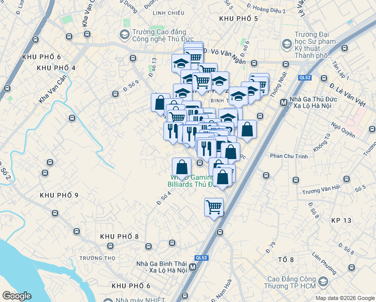 map of restaurants, bars, coffee shops, grocery stores, and more near 52 Đặng Văn Bi in Thủ Đức District