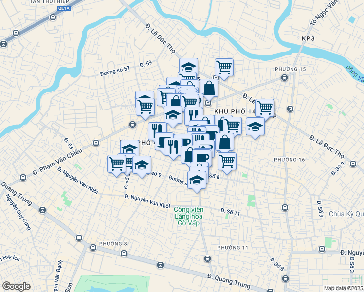 map of restaurants, bars, coffee shops, grocery stores, and more near Đường Lê Văn Thọ in Gò Vấp