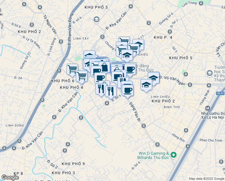 map of restaurants, bars, coffee shops, grocery stores, and more near Đường số 2 in Thủ Đức