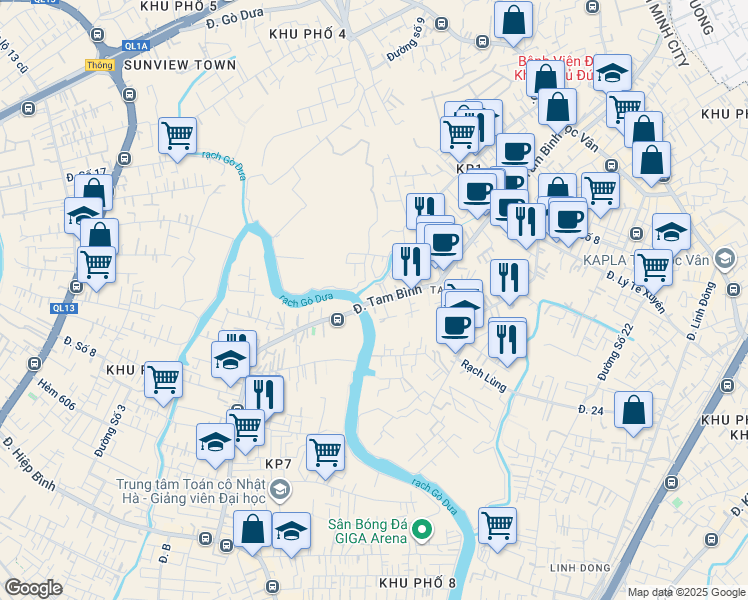 map of restaurants, bars, coffee shops, grocery stores, and more near Đường Tam Bình in Thủ Đức