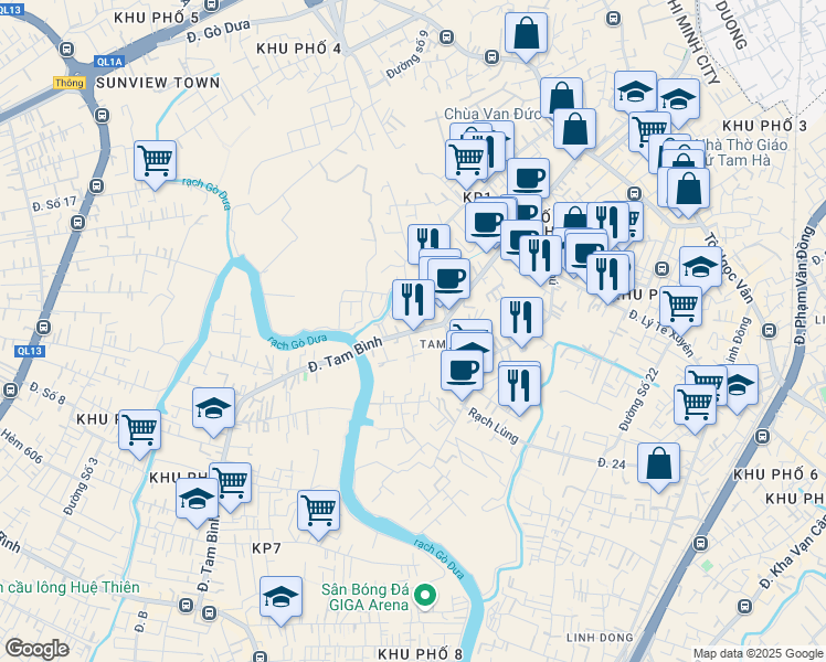 map of restaurants, bars, coffee shops, grocery stores, and more near Đường Tam Bình in Thủ Đức