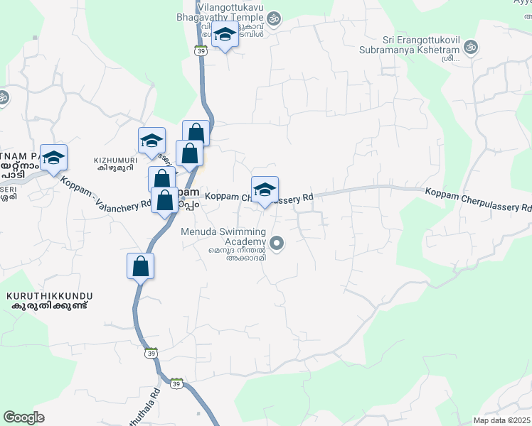 map of restaurants, bars, coffee shops, grocery stores, and more near Koppam Cherpulassery Road in Koppam