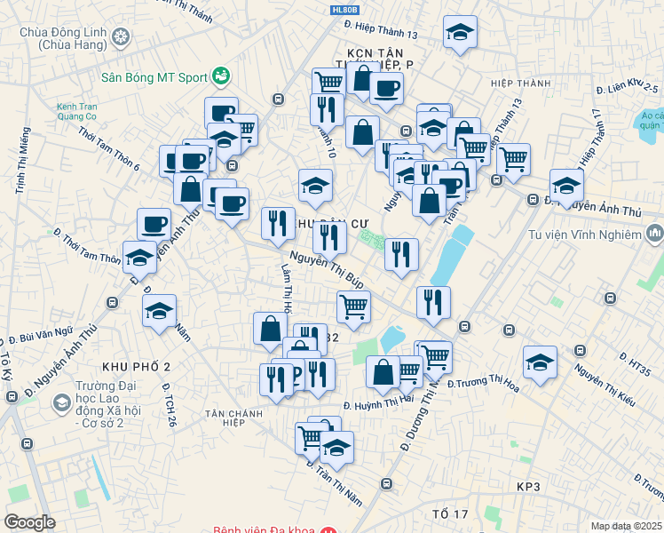 map of restaurants, bars, coffee shops, grocery stores, and more near Nguyễn Thị Búp in Quận 12