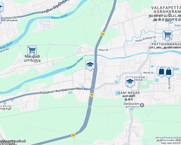 map of restaurants, bars, coffee shops, grocery stores, and more near Sevaliyar Sivaji Nagar Road in Kumbakonam
