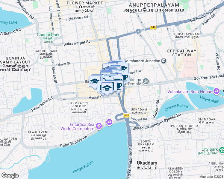 map of restaurants, bars, coffee shops, grocery stores, and more near Big Bazaar Street in Coimbatore