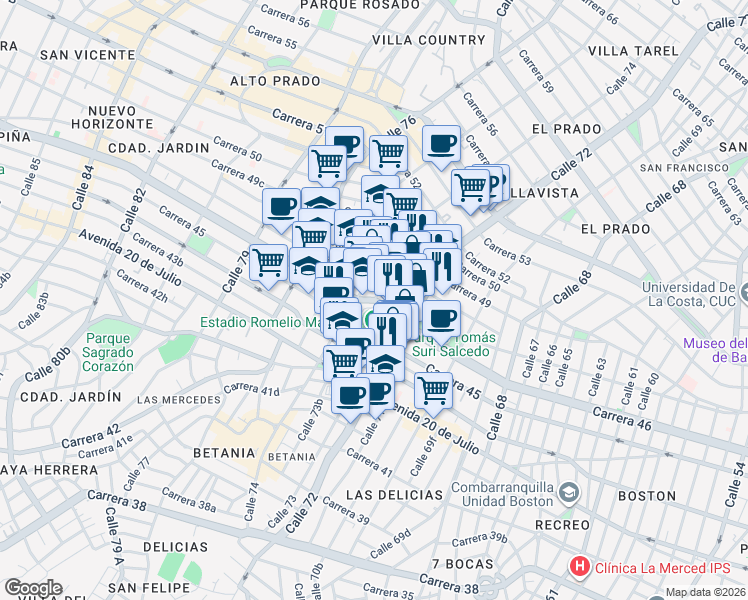 map of restaurants, bars, coffee shops, grocery stores, and more near Carrera 46 in Barranquilla