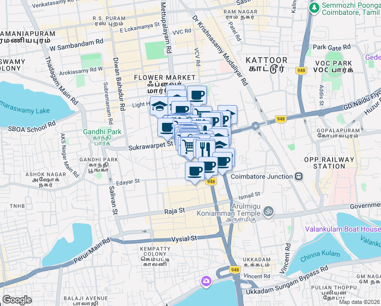 map of restaurants, bars, coffee shops, grocery stores, and more near 249 Rangai Gowder Street in Coimbatore