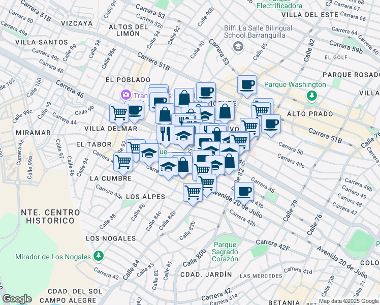 map of restaurants, bars, coffee shops, grocery stores, and more near Cl. 85 in Barranquilla