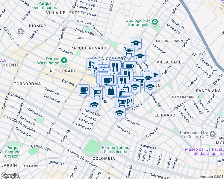 map of restaurants, bars, coffee shops, grocery stores, and more near 45 Carrera 54 in Barranquilla