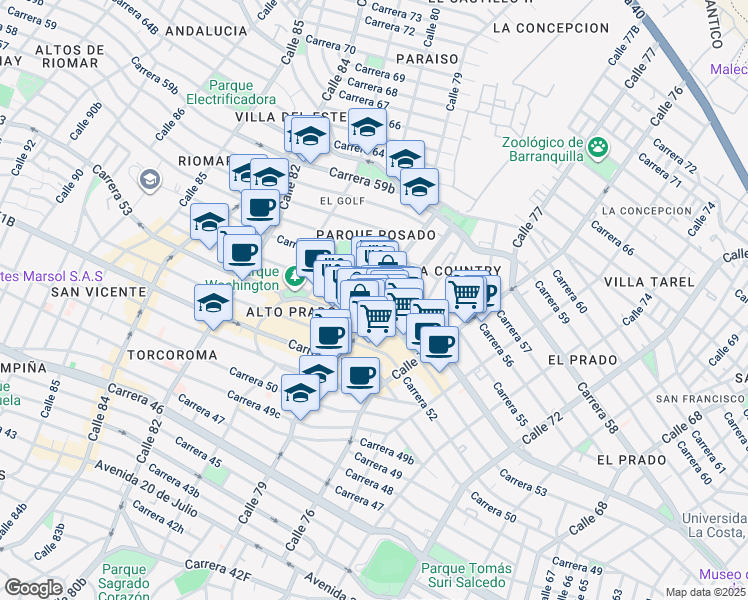 map of restaurants, bars, coffee shops, grocery stores, and more near Carrera 55 in Barranquilla