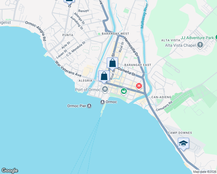 map of restaurants, bars, coffee shops, grocery stores, and more near Burgos Street in Ormoc City