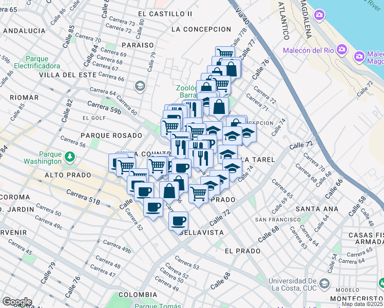 map of restaurants, bars, coffee shops, grocery stores, and more near 7612 Carrera 59 in Barranquilla