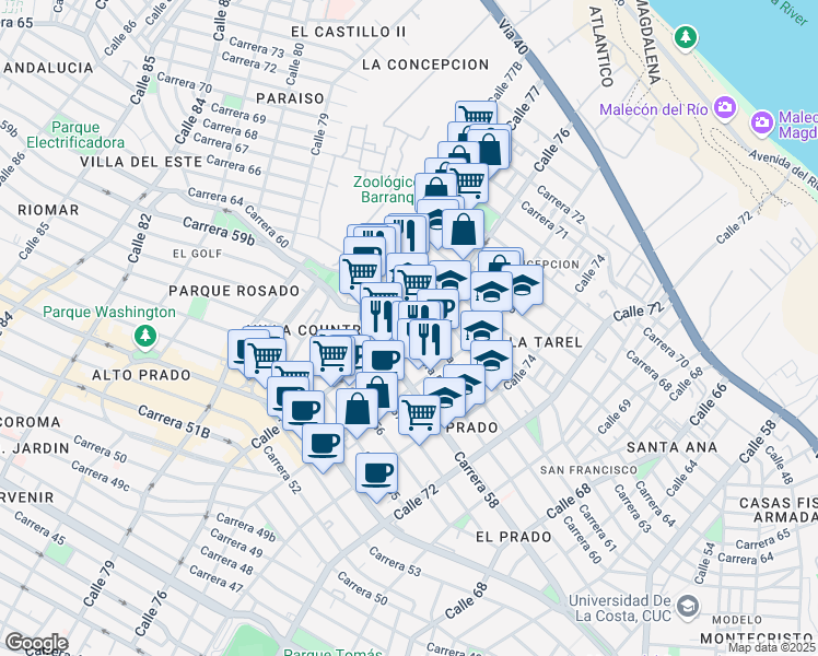 map of restaurants, bars, coffee shops, grocery stores, and more near 7612 Carrera 59 in Barranquilla
