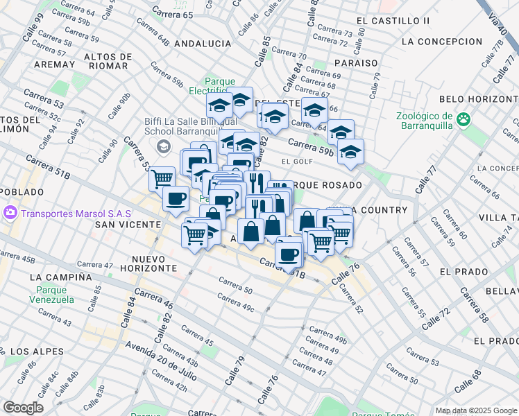 map of restaurants, bars, coffee shops, grocery stores, and more near Carrera 55 in Barranquilla
