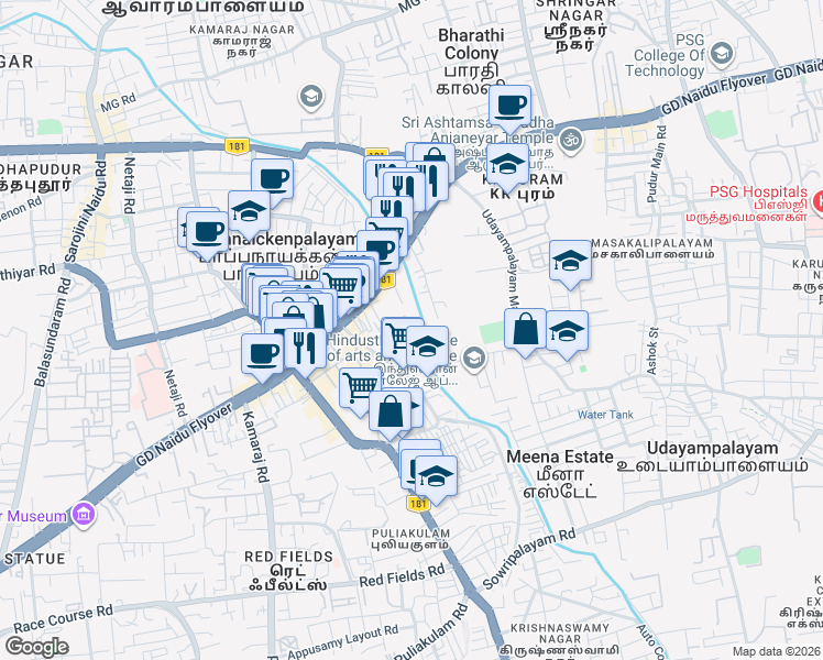 map of restaurants, bars, coffee shops, grocery stores, and more near Amman Kulam Road in Coimbatore