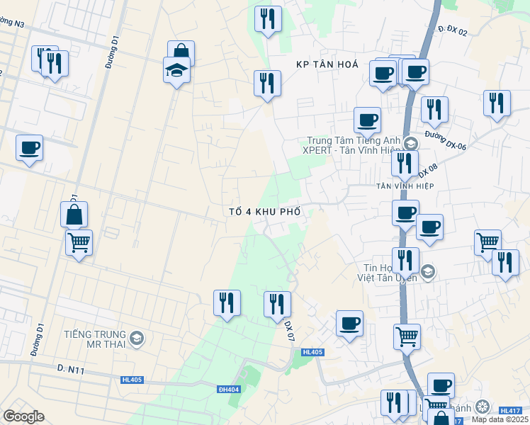 map of restaurants, bars, coffee shops, grocery stores, and more near in Tân Uyên