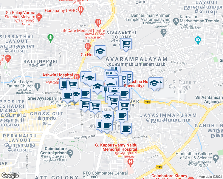 map of restaurants, bars, coffee shops, grocery stores, and more near 208 Avaram Palayam Road in New Siddhapudur