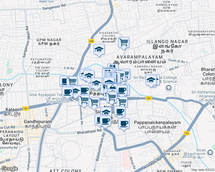 map of restaurants, bars, coffee shops, grocery stores, and more near 208 Avaram Palayam Road in New Siddhapudur