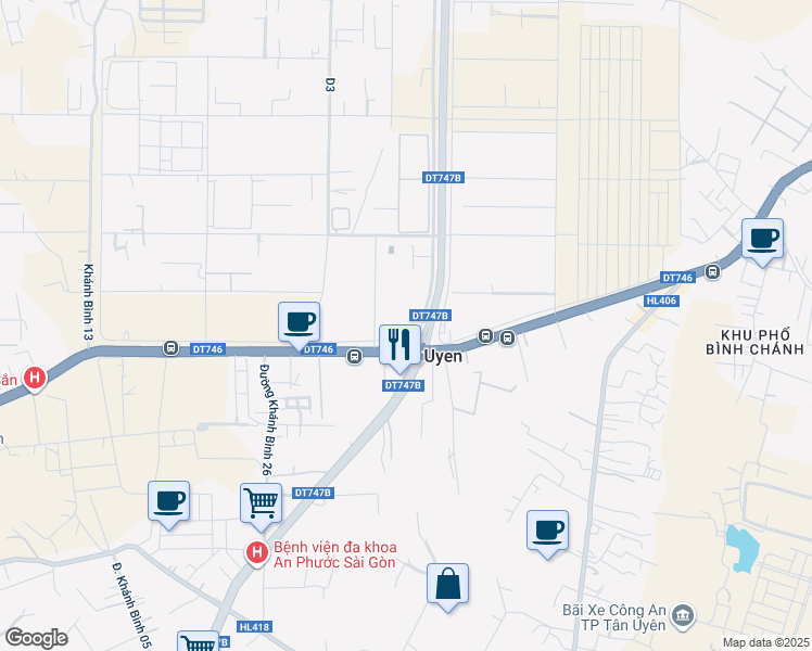 map of restaurants, bars, coffee shops, grocery stores, and more near Khánh Bình 68 in Thị xã Tân Uyên