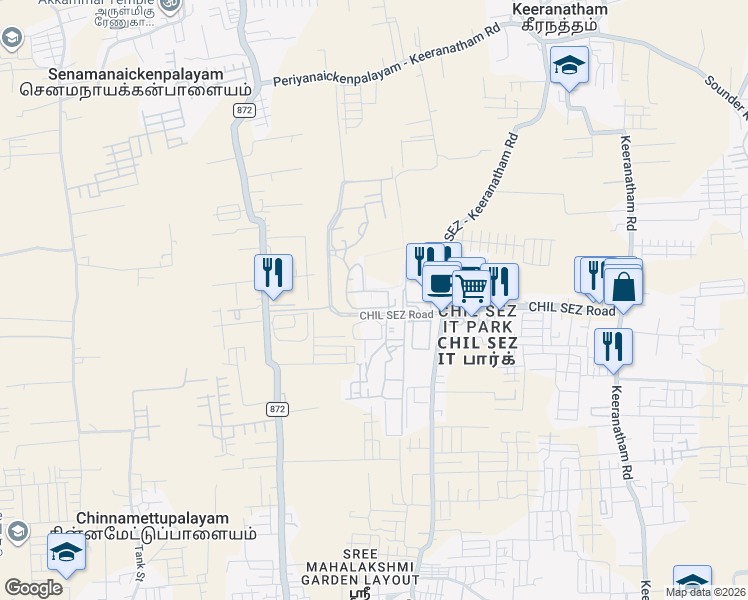 map of restaurants, bars, coffee shops, grocery stores, and more near CHIL SEZ Road in Coimbatore